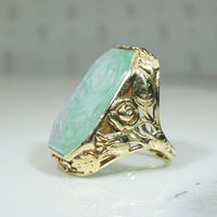 Floral Art Nouveau Gold Ring with Jade Panel