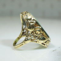 Floral Art Nouveau Gold Ring with Jade Panel