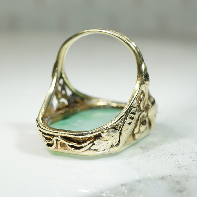 Floral Art Nouveau Gold Ring with Jade Panel