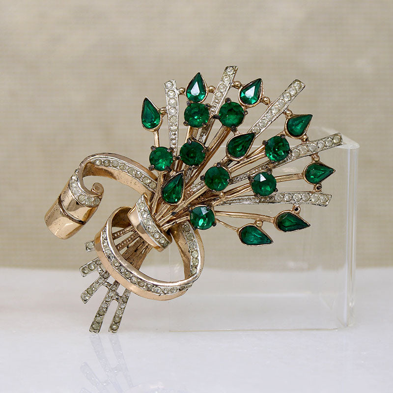 Retro Green Rhinestone & Sterling Corsage Brooch by Coro