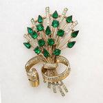 Retro Green Rhinestone & Sterling Corsage Brooch by Coro