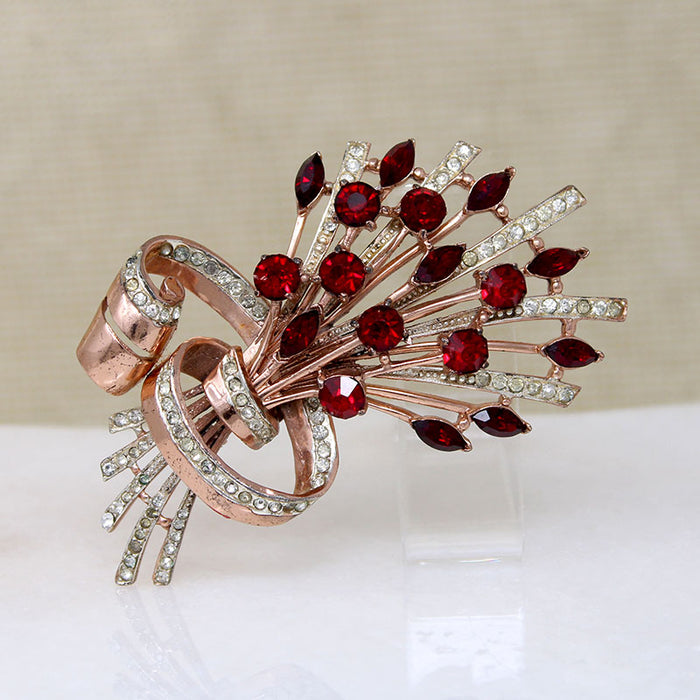 Scarlet Rhinestone & Rosy Sterling Gilt Retro Brooch by Coro
