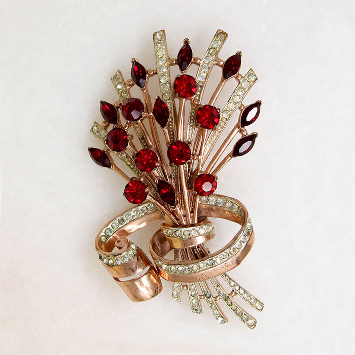 Scarlet Rhinestone & Rosy Sterling Gilt Retro Brooch by Coro