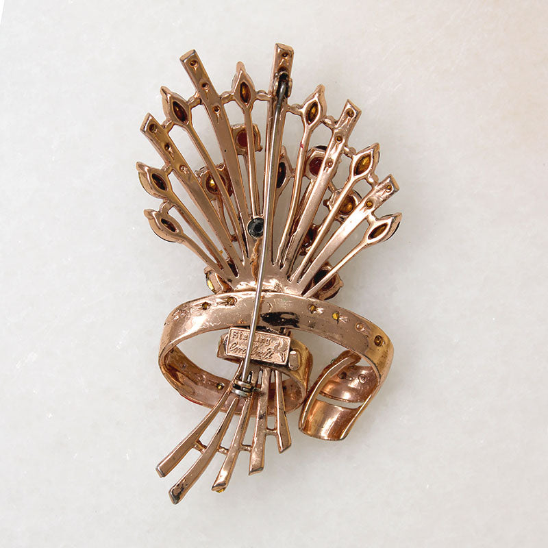 Scarlet Rhinestone & Rosy Sterling Gilt Retro Brooch by Coro