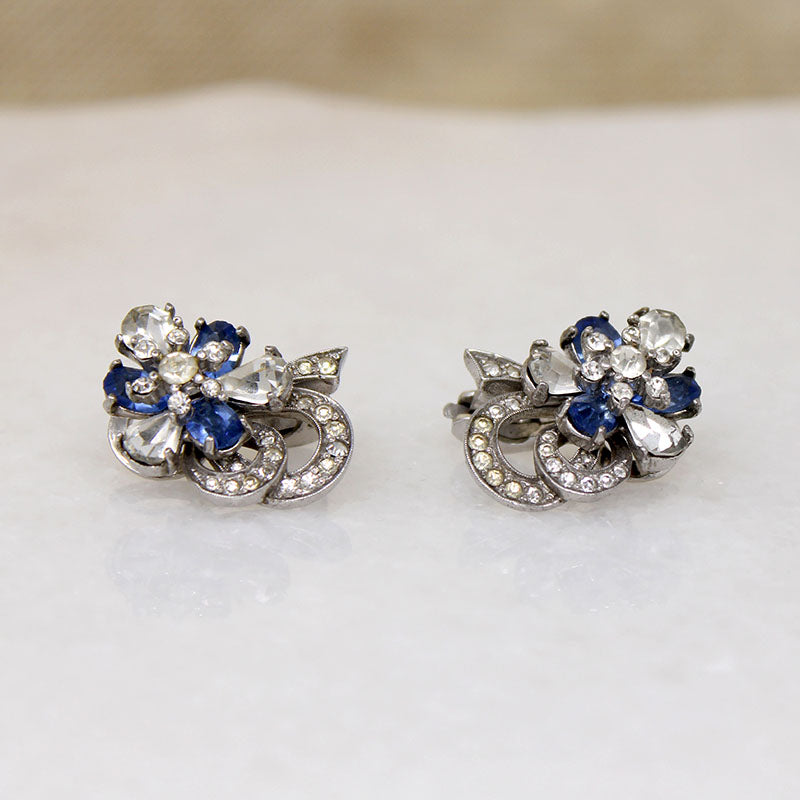 Pennino Blue & White Rhinestone Blossom Earrings