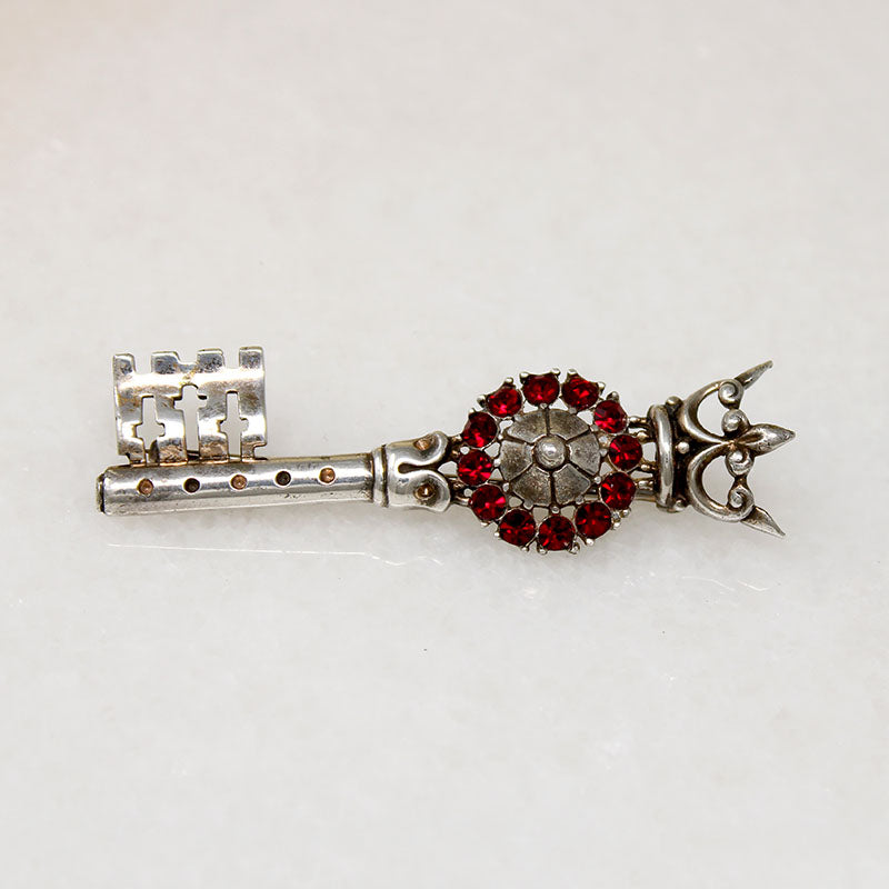 Crowned Key with Rose Sterling Brooch by Trifari