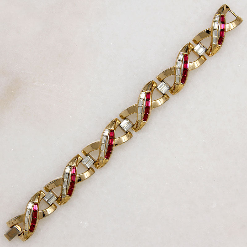 "X" Link Bracelet with Red & White Baguettes by Trifari
