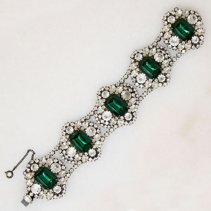 Breathtaking Green & White Rhinestone Bracelet Signed Schaperelli
