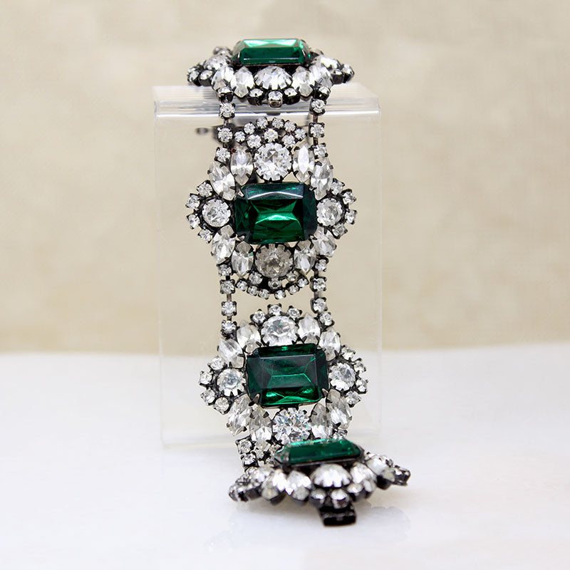 Breathtaking Green & White Rhinestone Bracelet Signed Schaperelli