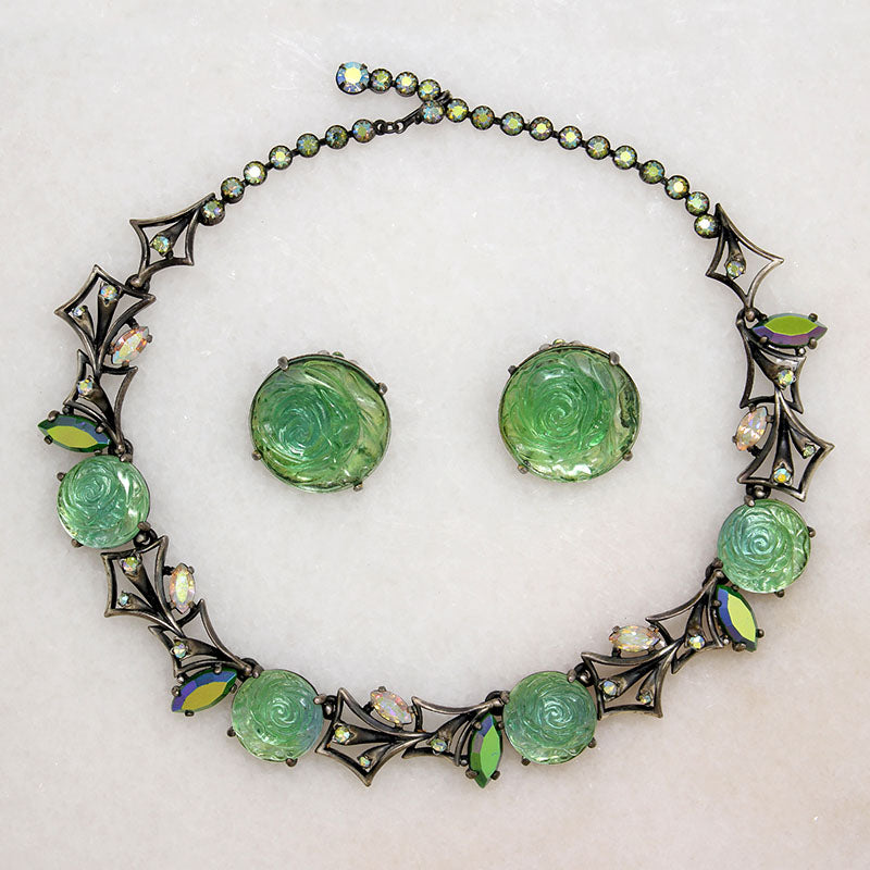 Beguiling Green Rose Necklace & Earrings Set by Schiaparelli