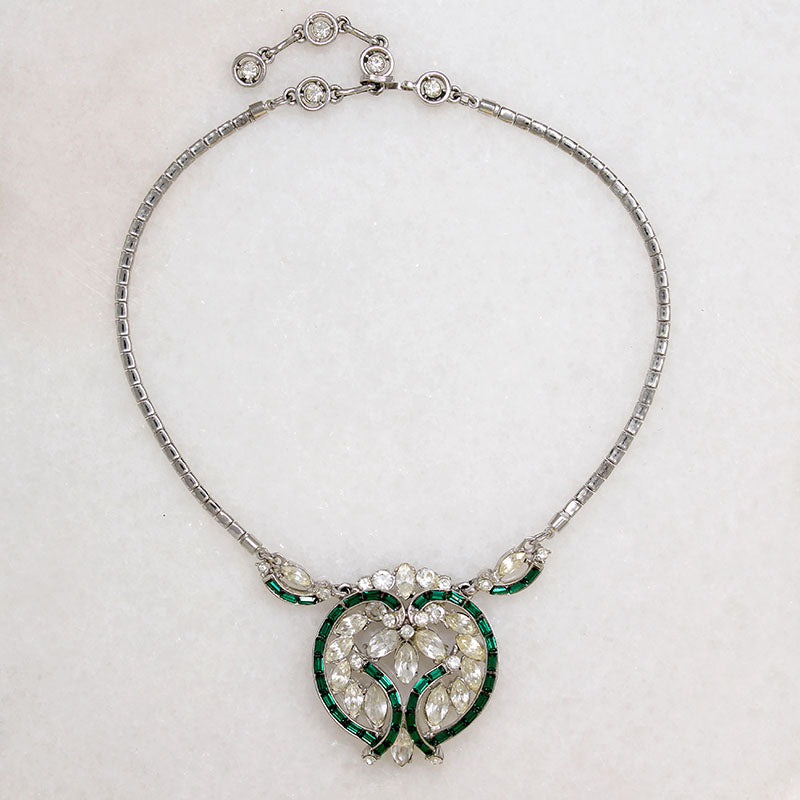 Romantic Green & White Rhinestone Costume Necklace