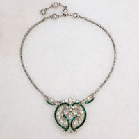 Romantic Green & White Rhinestone Costume Necklace