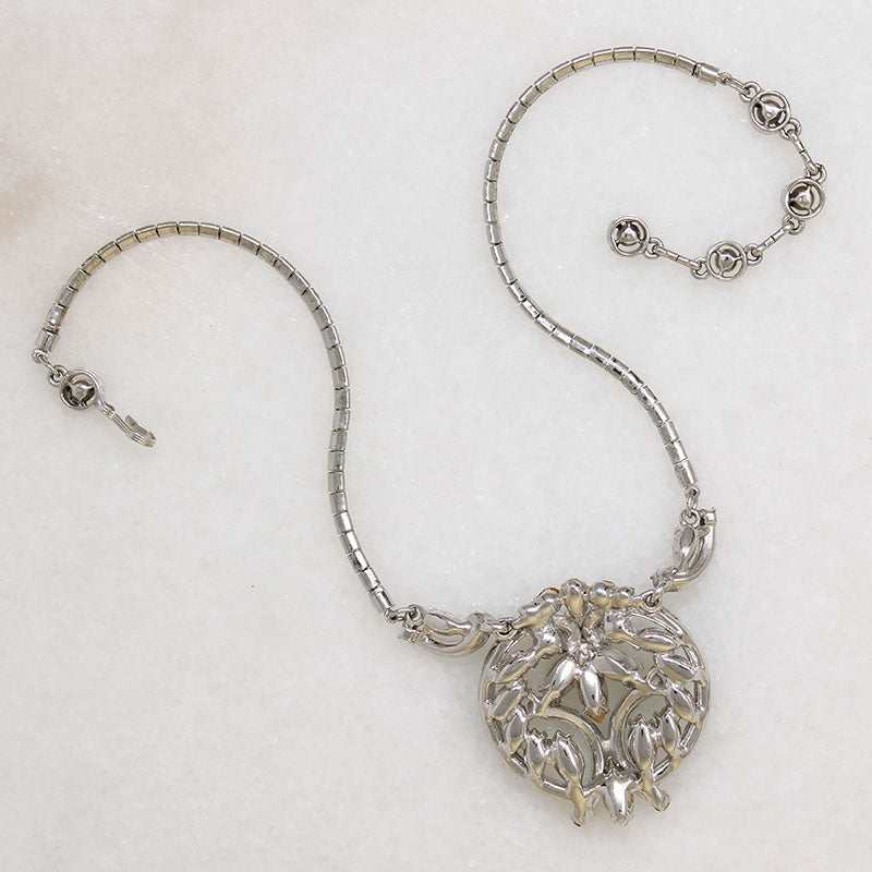 Romantic Green & White Rhinestone Costume Necklace