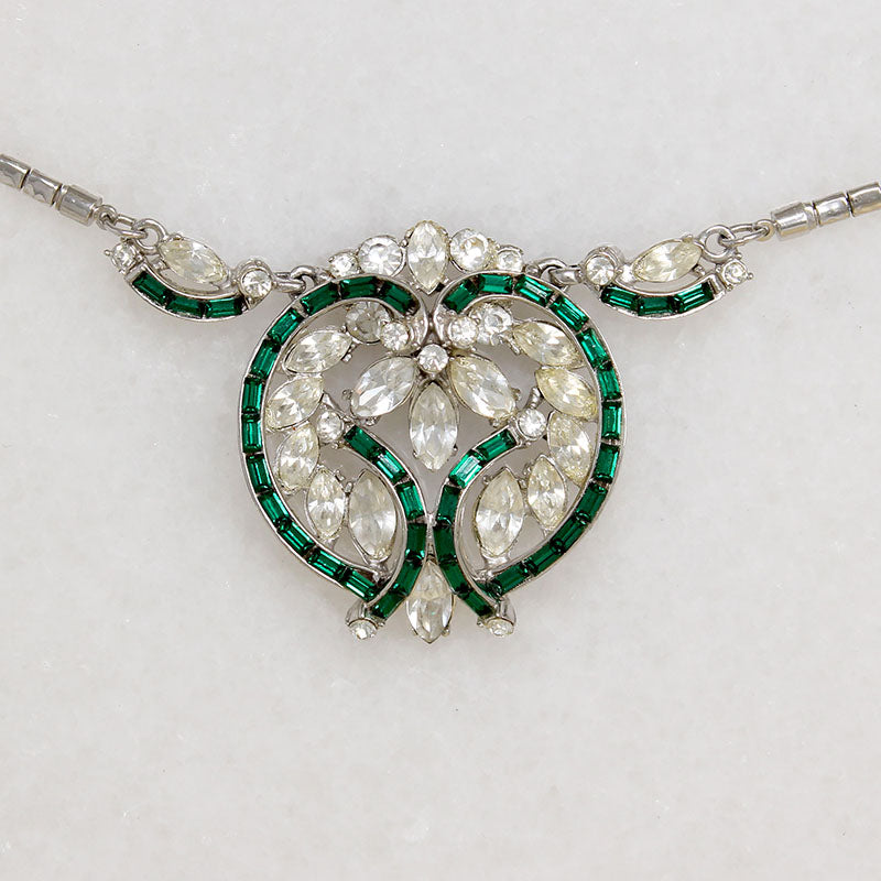 Romantic Green & White Rinestone Costume Necklace