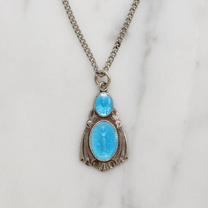 Virgin Mary Medal in Sterling & Ethereal Blue Enamel 