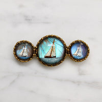 Reverse Painted Crystal Sailboats & Butterfly Wing Brooch