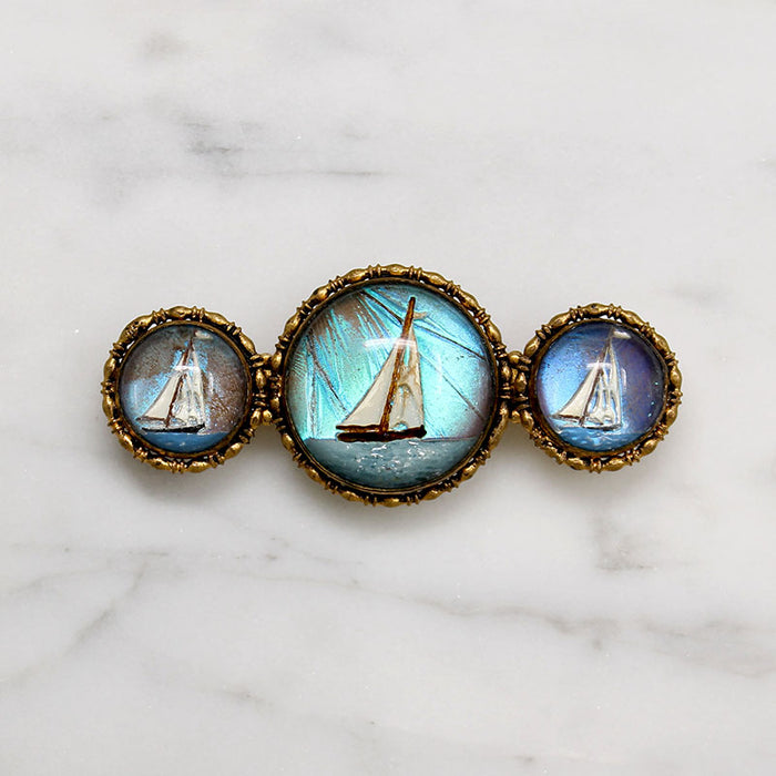 Reverse Painted Crystal Sailboats & Butterfly Wing Brooch