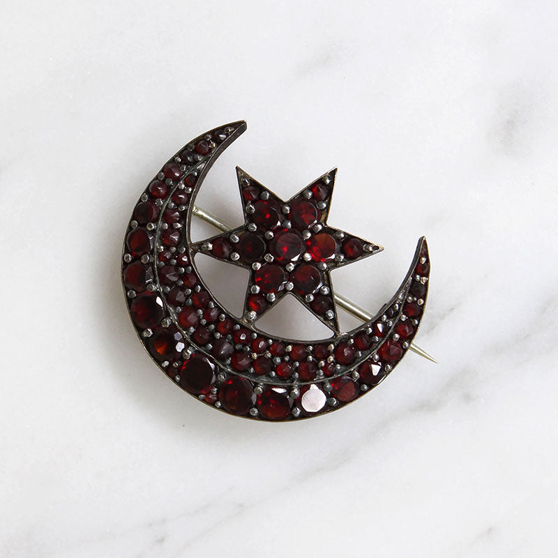 Mystical Crescent Moon & Star Bohemian Garnet Brooch
