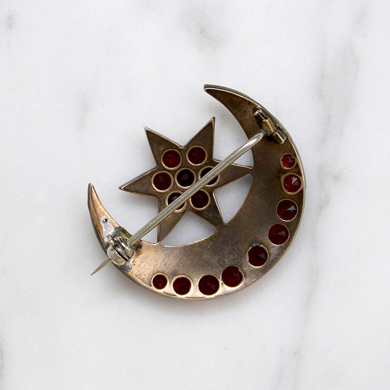 Mystical Crescent Moon & Star Bohemian Garnet Brooch