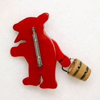 Red Bakelite Bear Brooch with Wooden Bucket