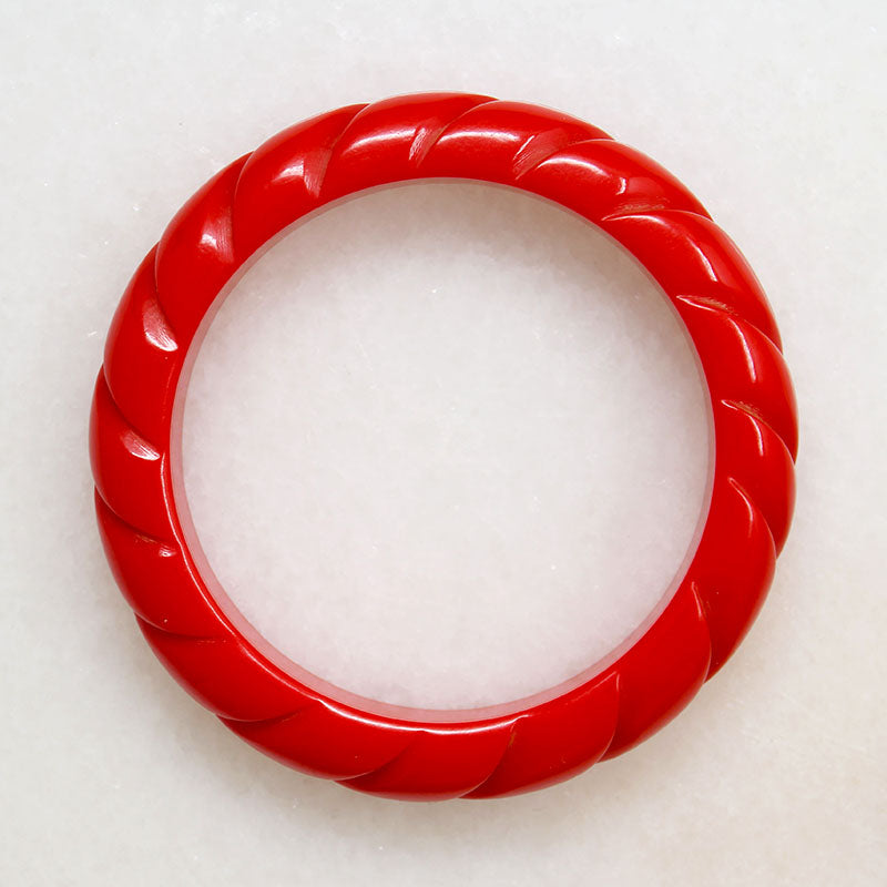 Bright Red Bakelite Carved Bangle Bracelet