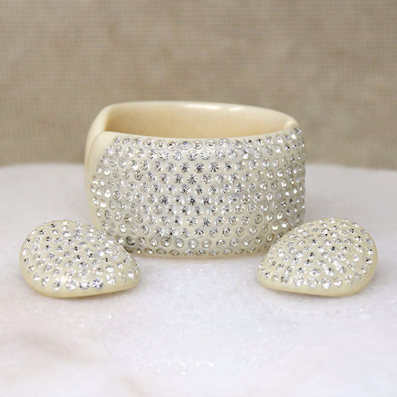 Rhinestone Paved Celluloid Clamper Bracelet & Earrings