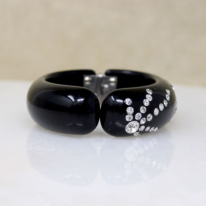 Black Celluloid Clamper Bracelet with Sparkling Fireworks