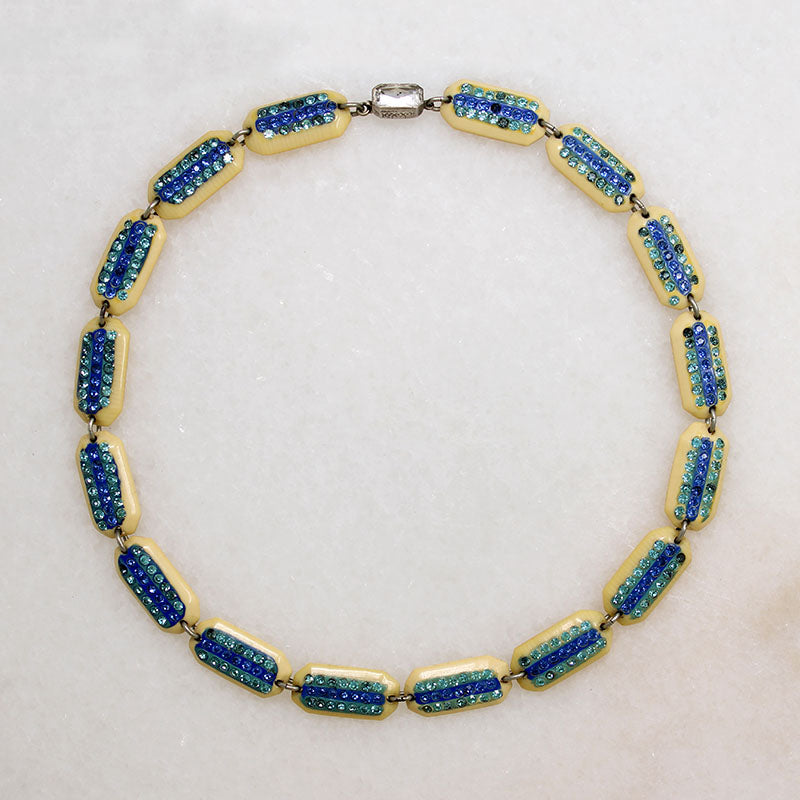 Celluloid & Sparkling Blue Rhinestone Choker