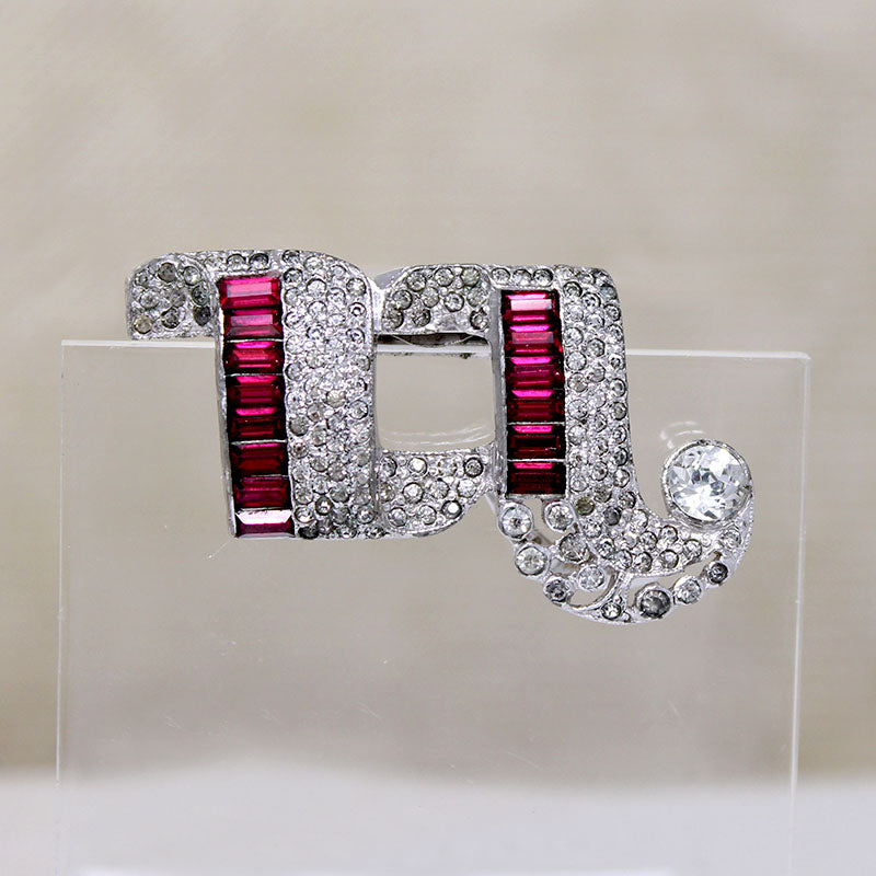 Sassy Art Deco Red & White Rhinestone Dress Clip