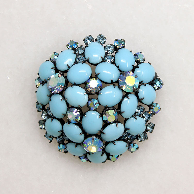 Domed Blue Stone Forget-Me-Not Costume Brooch