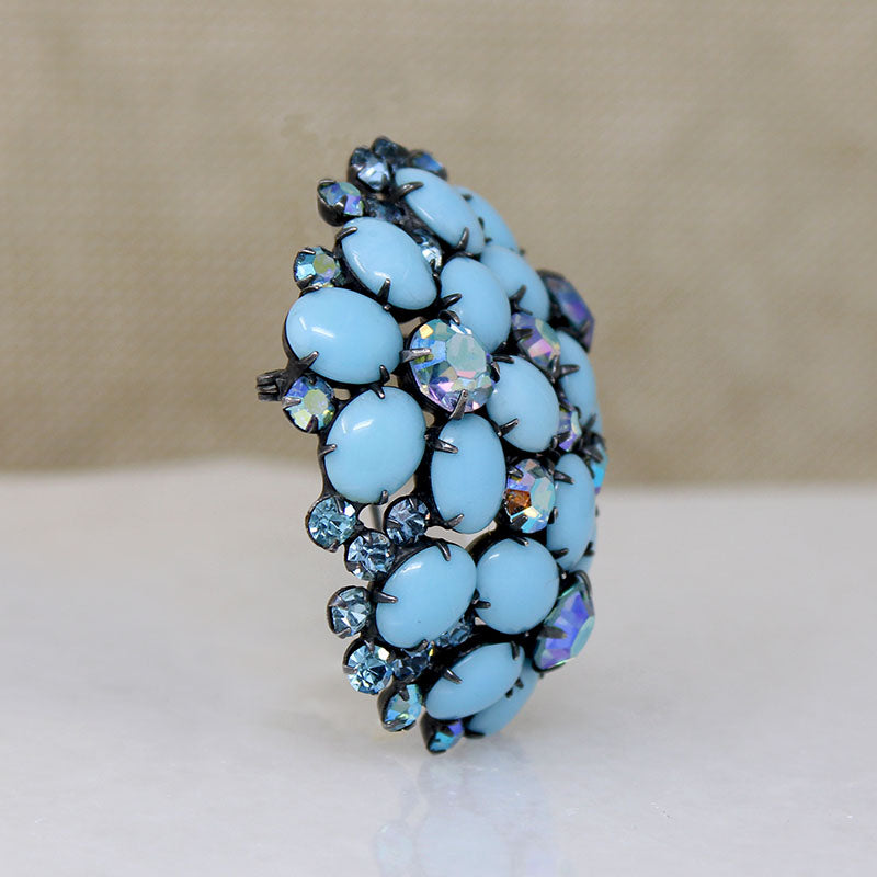 Domed Blue Stone Forget-Me-Not Costume Brooch