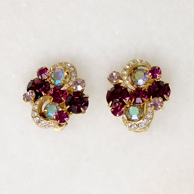 Flashing Pinks & Purples Rhinestone Earrings by Kramer