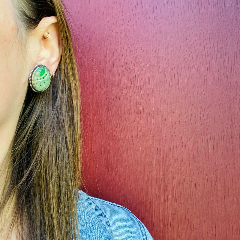 Floral Carved Jade in Silver Stud Earrings