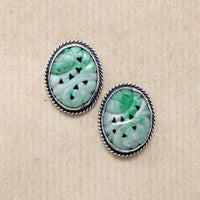 Floral Carved Jade in Silver Stud Earrings