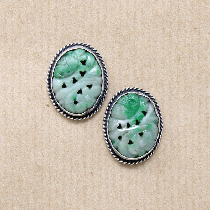 Floral Carved Jade in Silver Stud Earrings
