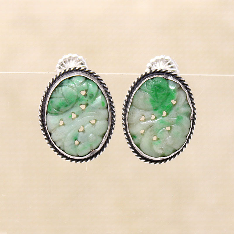 Floral Carved Jade in Silver Stud Earrings