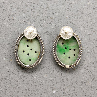 Floral Carved Jade in Silver Stud Earrings