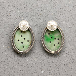 Floral Carved Jade in Silver Stud Earrings
