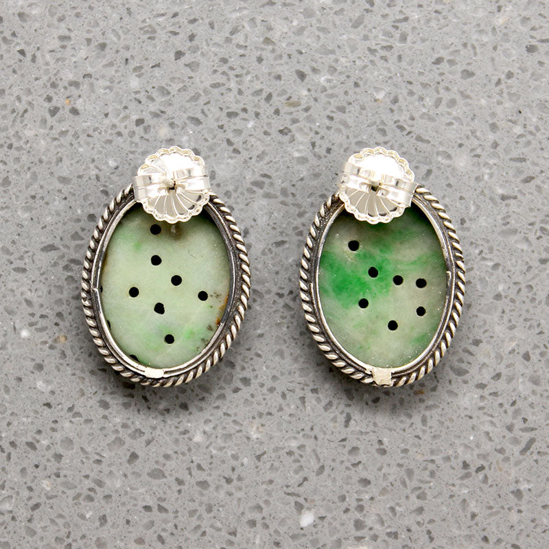 Floral Carved Jade in Silver Stud Earrings