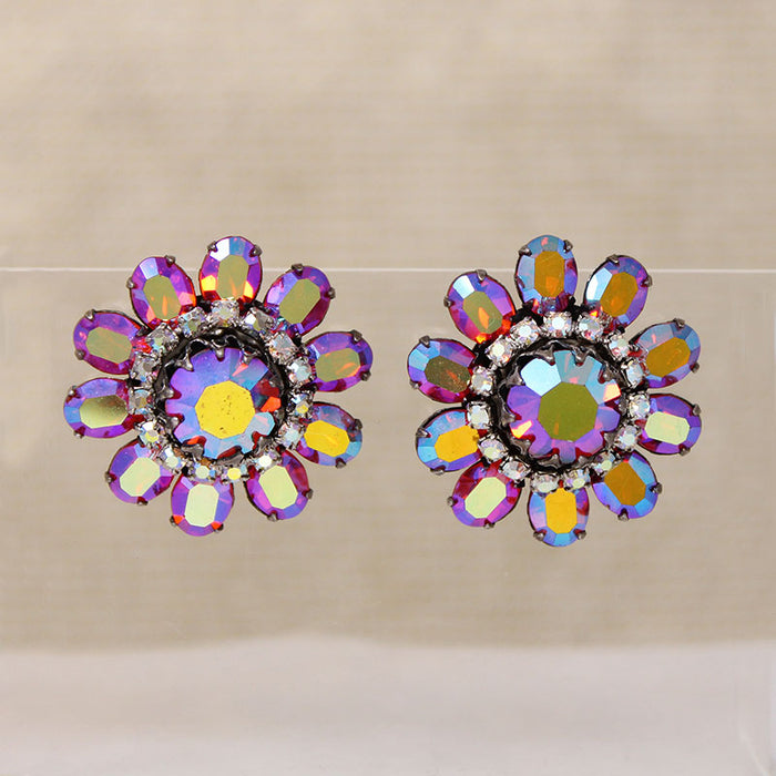 Red Aurora Borealis Rhinestone Flower Earrings by Vendome