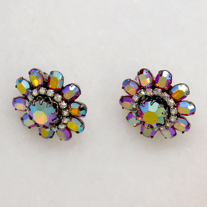 Red Aurora Borealis Rhinestone Flower Earrings by Vendome