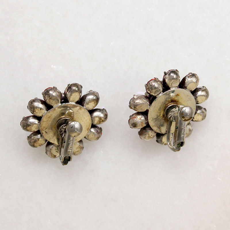 Red Aurora Borealis Rhinestone Flower Earrings by Vendome