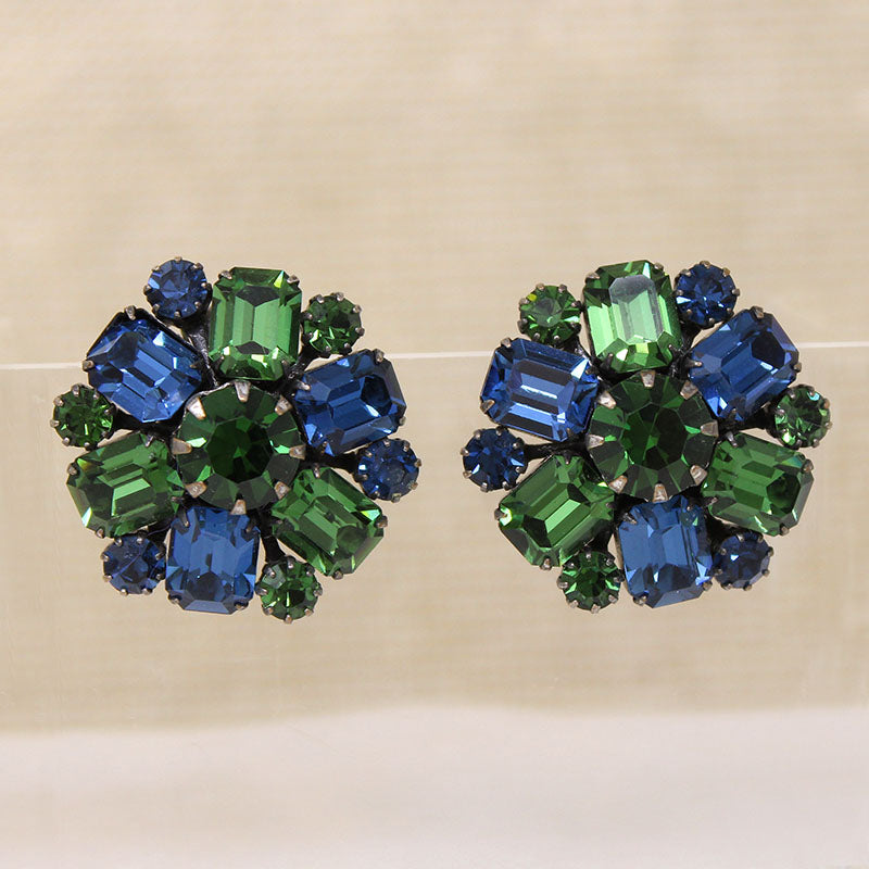 Gorgeous Blue & Green Rhinestone Earrings by Weiss