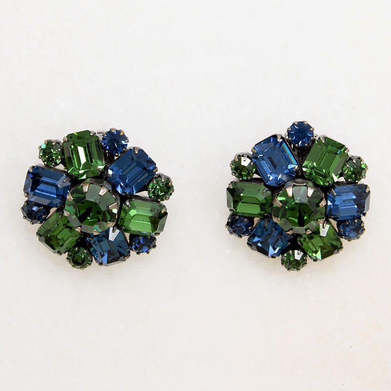 Gorgeous Blue & Green Rhinestone Earrings by Weiss