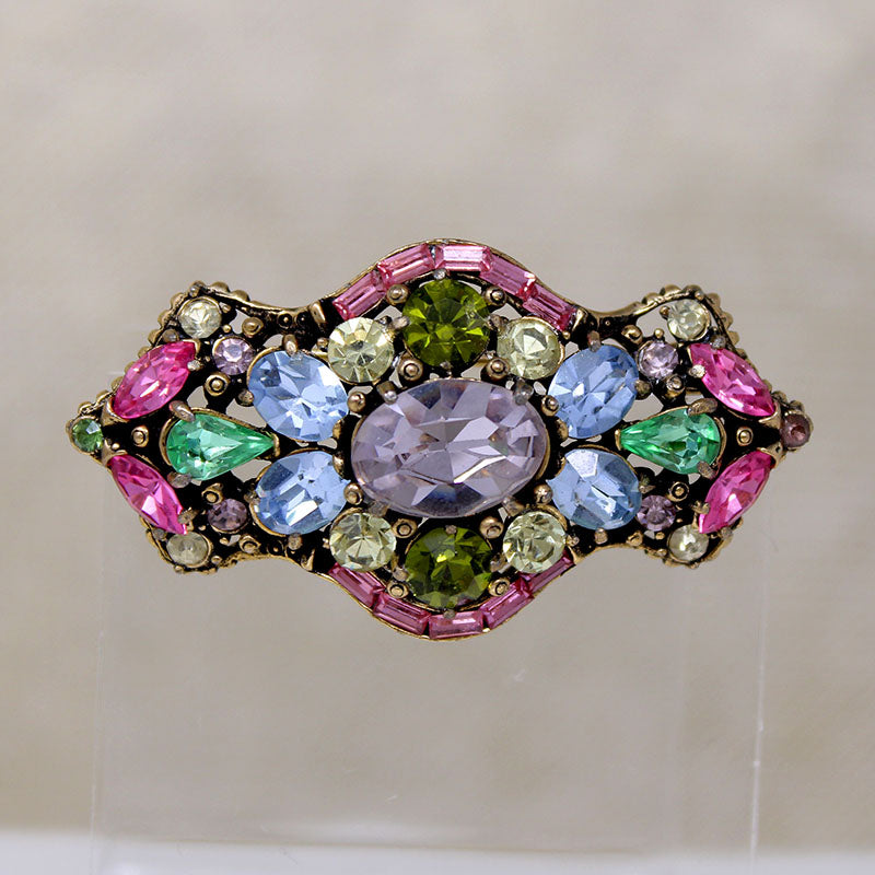 Shield-Shaped Hollycraft Brooch with Colorful Rhinestones