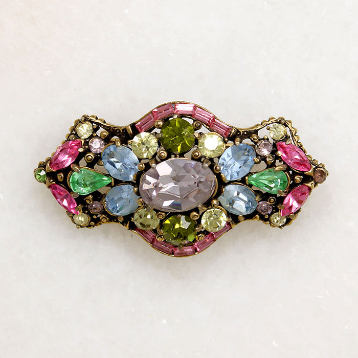Shield-Shaped Hollycraft Brooch with Colorful Rhinestones