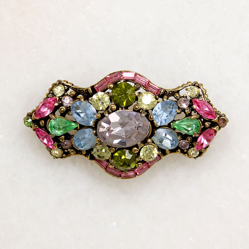 Shield-Shaped Hollycraft Brooch with Colorful Rhinestones