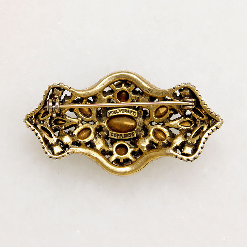 Shield-Shaped Hollycraft Brooch with Colorful Rhinestones