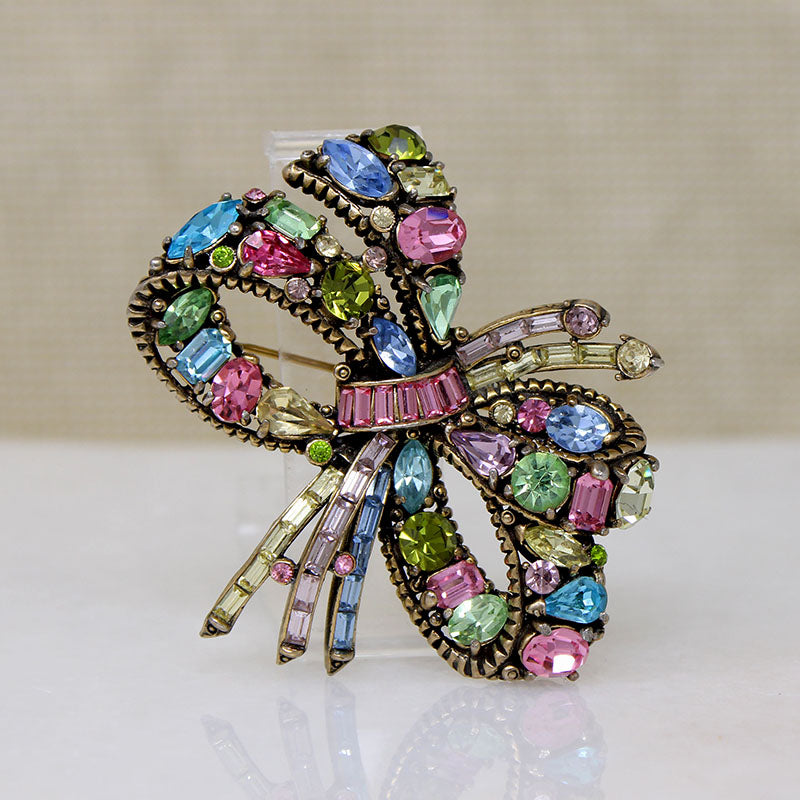 Pastel Rhinestone Hollycraft Bow Brooch