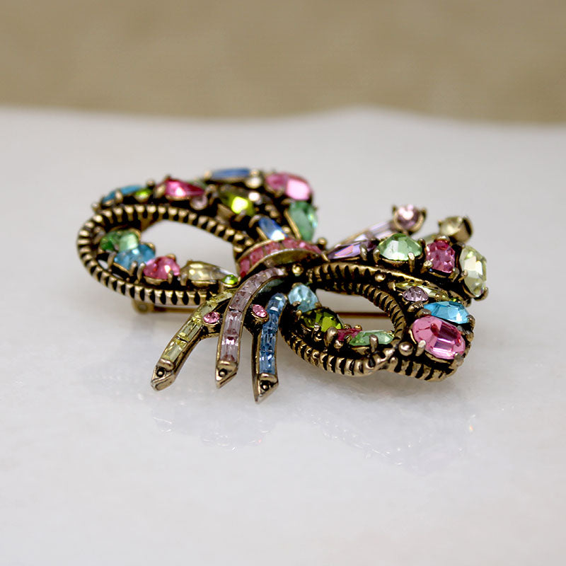 Pastel Rhinestone Hollycraft Bow Brooch
